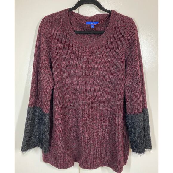 APT 9 Maroon Pullover Long Sleeve Black Fuzzy Cuffs Tunic Sweater Size XL - Picture 2 of 9